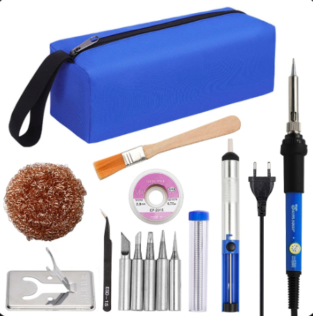 KIT Fer à Souder Etain de Précision, Température Réglable 200~450℃, 5 pointes, fil à souder, Support de fer, PU bag